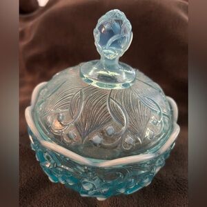 Fenton Aqua Blue Opalescent Lily of the Valley Candy Dish Bowl Art Glass